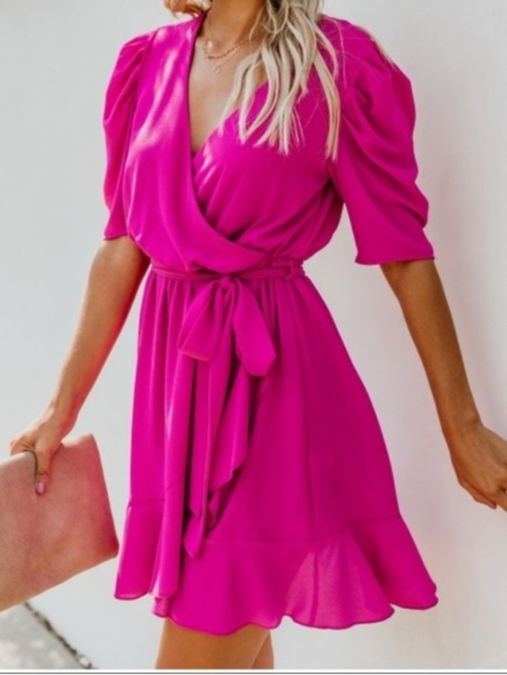 Vici Fuchsia Wrap Mini Dress with Puff Sleeves